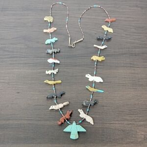Zuni Fetish Animal Bear Bird Fox Mink Wessel Native Bead Sterling Clasp Necklace